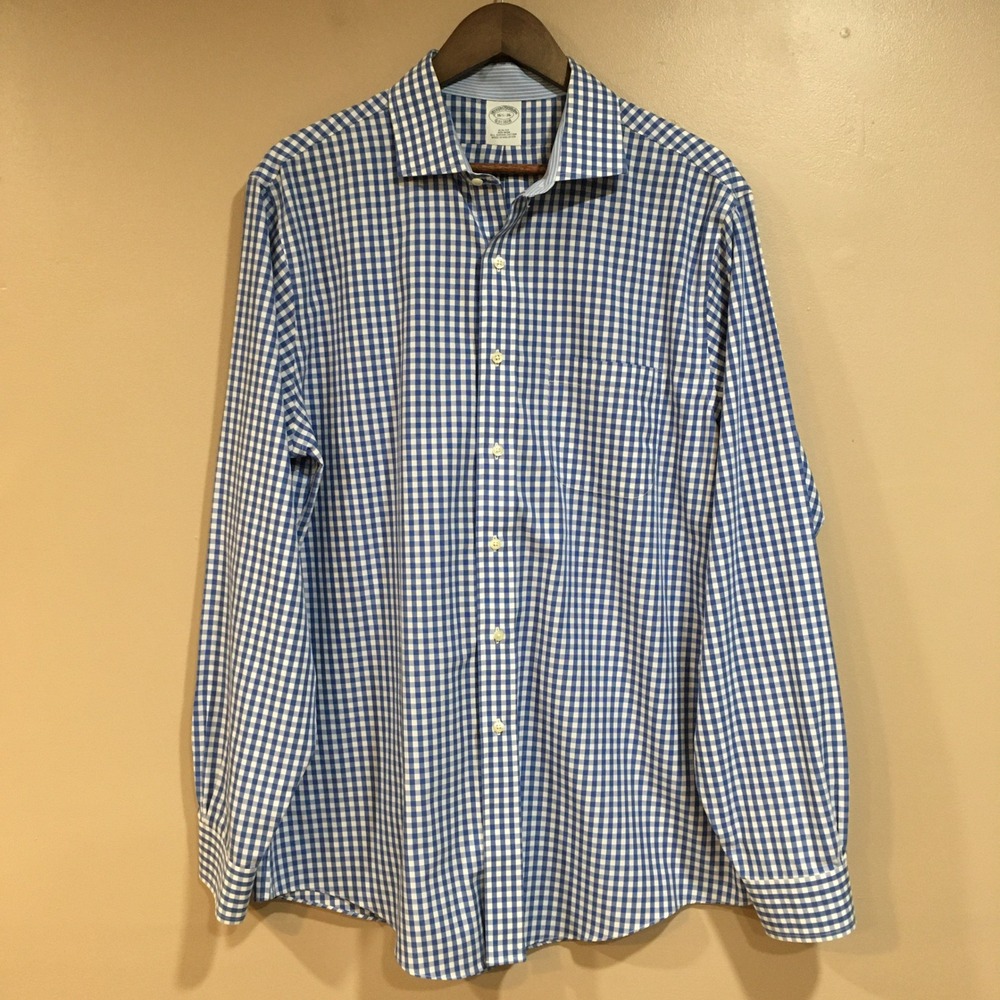 Brooks Brothers Slim Fit Button Down Gingham Shirt Mens 16.5 36 Blue No Iron
